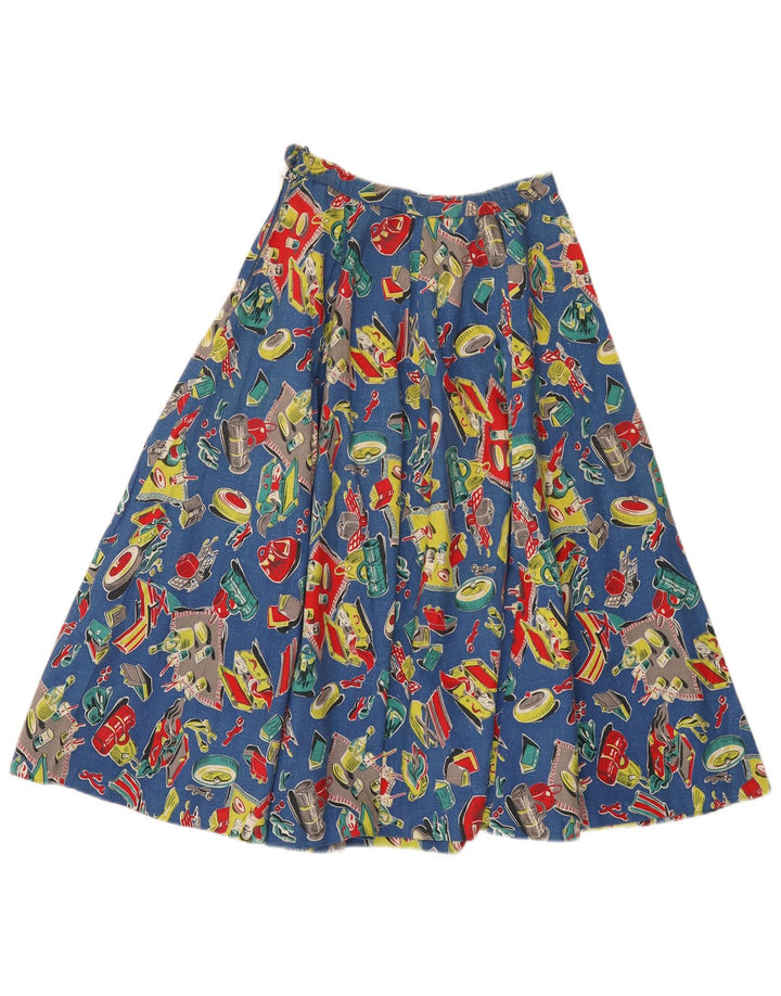 vintage Femmes Motif Abstrait Jupe Évasée Plissée W24 XS Bleu