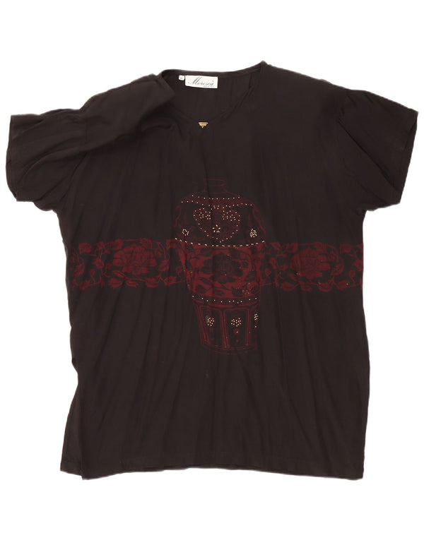 vintage Femmes Graphique Surdimensionné Blouse Top UK 14 Moyen Noir Floral