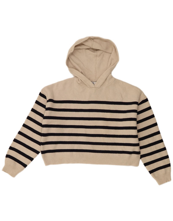 Zara Womens Oversized Crop Hooded Jumper Sweater UK 10 Small Beige Striped