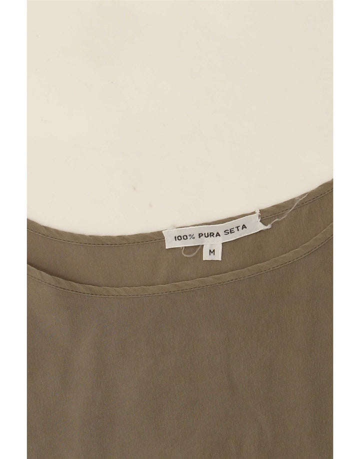 vintage Femmes Cami Top UK 14 Soie Kaki Moyenne