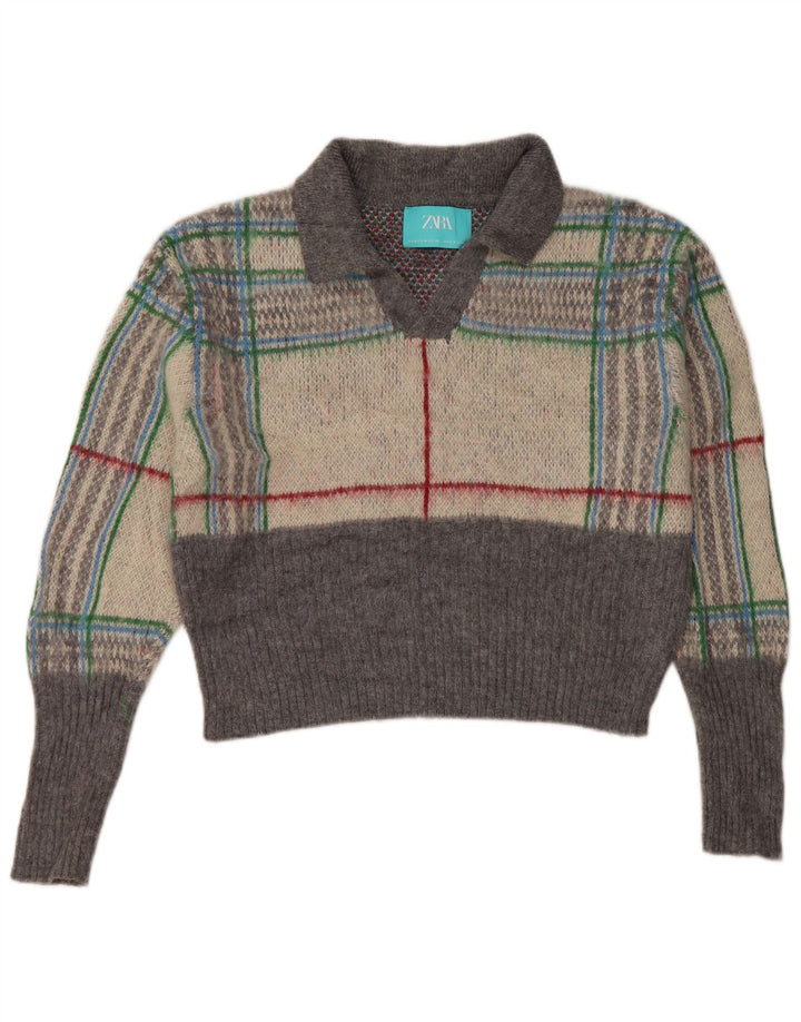 Zara Pull court surdimensionné à col polo pour femme UK 14 Gris moyen à carreaux