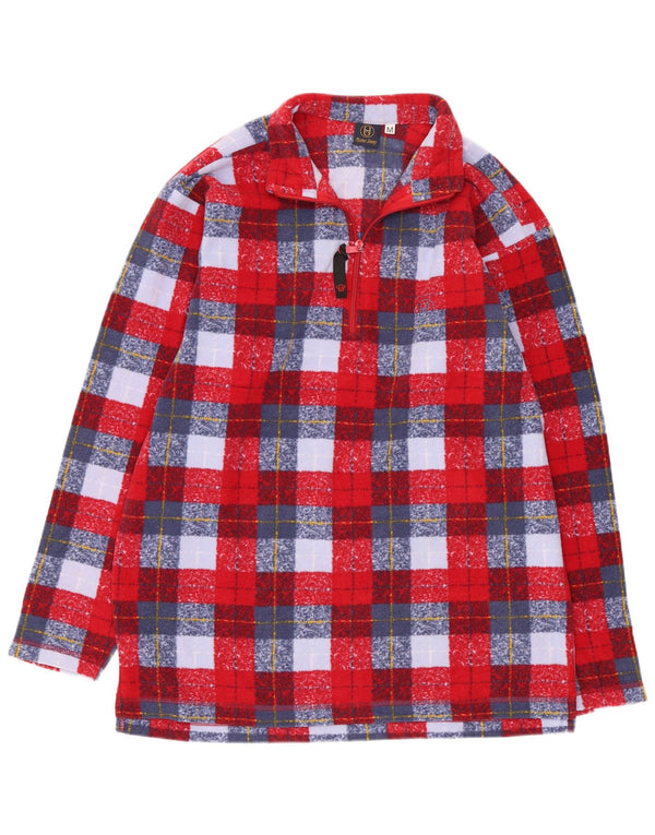 vintage Mens Zip Neck Fleece Jumper Moyen Rouge Plaid Polyester