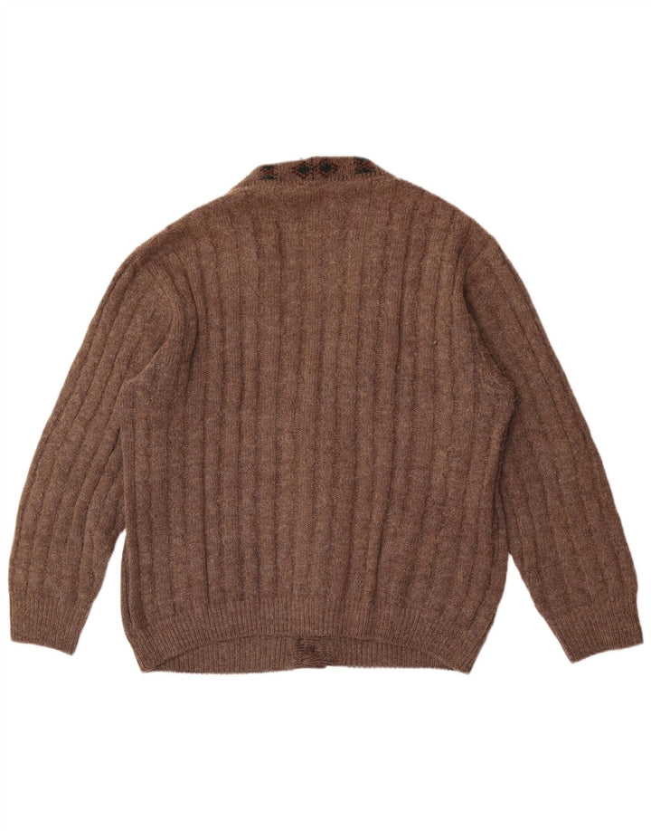vintage Mens Cardigan Pull Grand Marron Géométrique