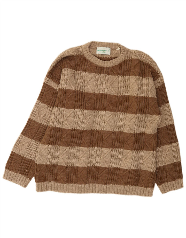 vintage Mens Crew Neck Jumper Pull Grand Marron Rayé