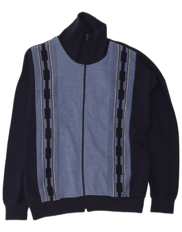 vintage Homme Cardigan Pull EU 50 Moyen Marine Bleu Colorblock Coton
