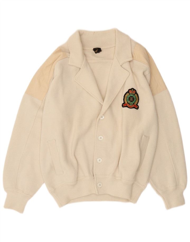 VINTAGE Pull Cardigan Homme Laine Colorblock Blanc Moyen