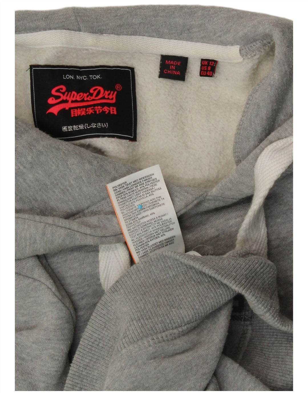 SUPERDRY Womens Graphic Hoodie Jumper UK 12 Medium Grey Cotton Vintage Superdry and Second-Hand Superdry from Messina Hembry 