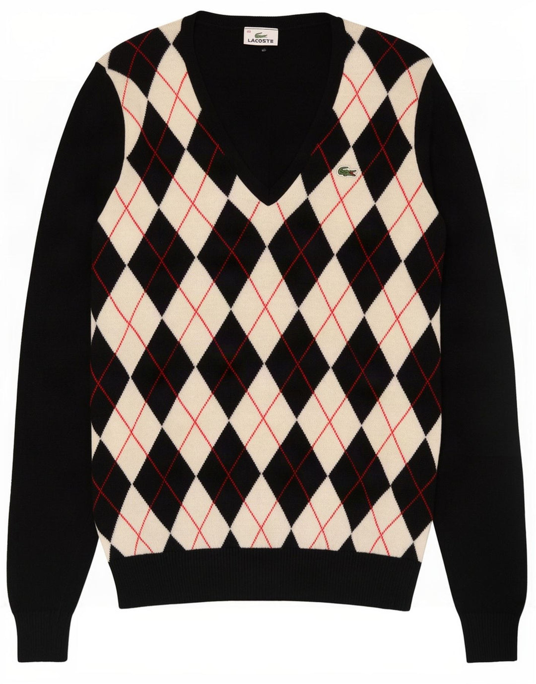Lacoste Femme Col V Pull Pull Taille 40 Moyen Noir Argyle/Diamant