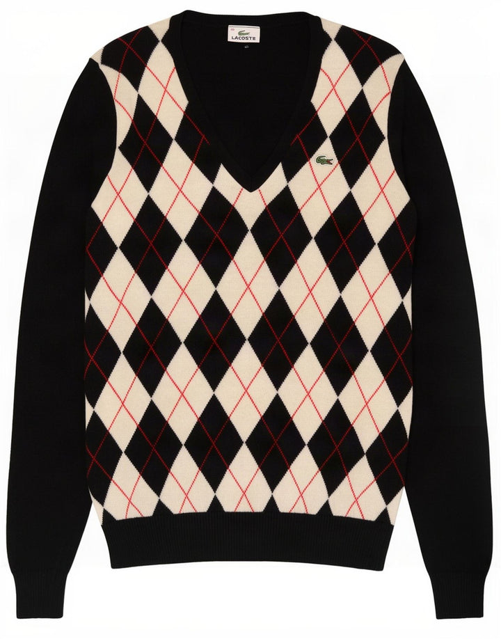 Lacoste Femme Col V Pull Pull Taille 40 Moyen Noir Argyle/Diamant