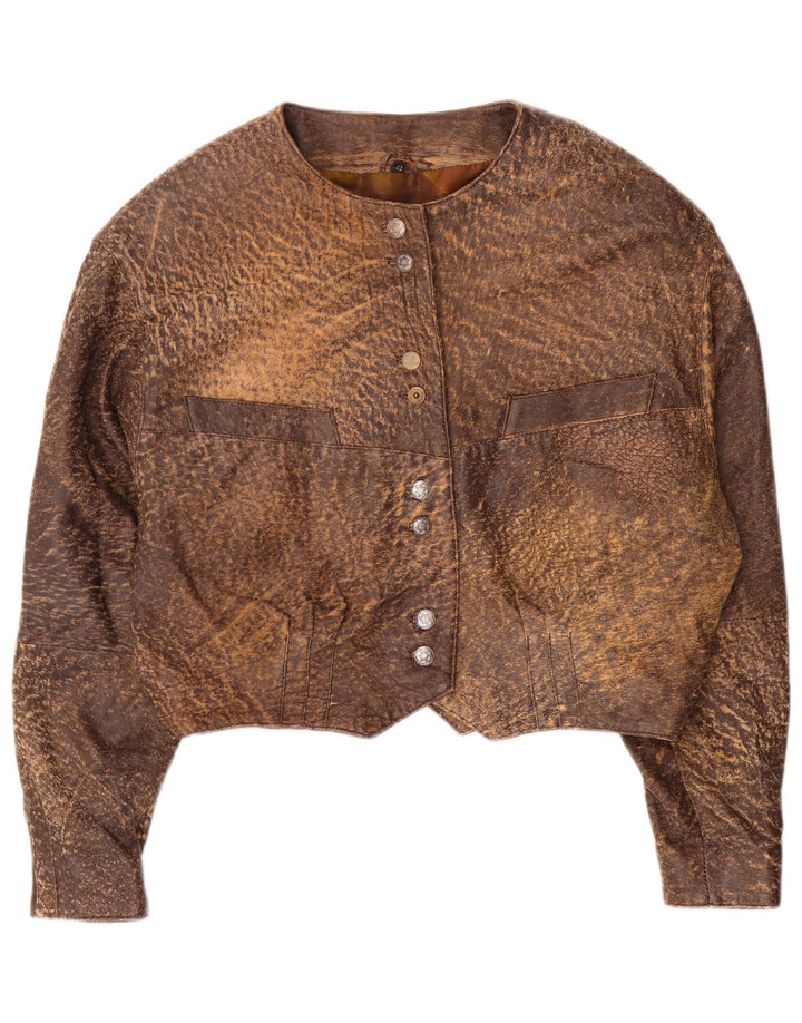 veste en cuir crop femme vintage IT 42 Cuir imprimé animal brun moyen