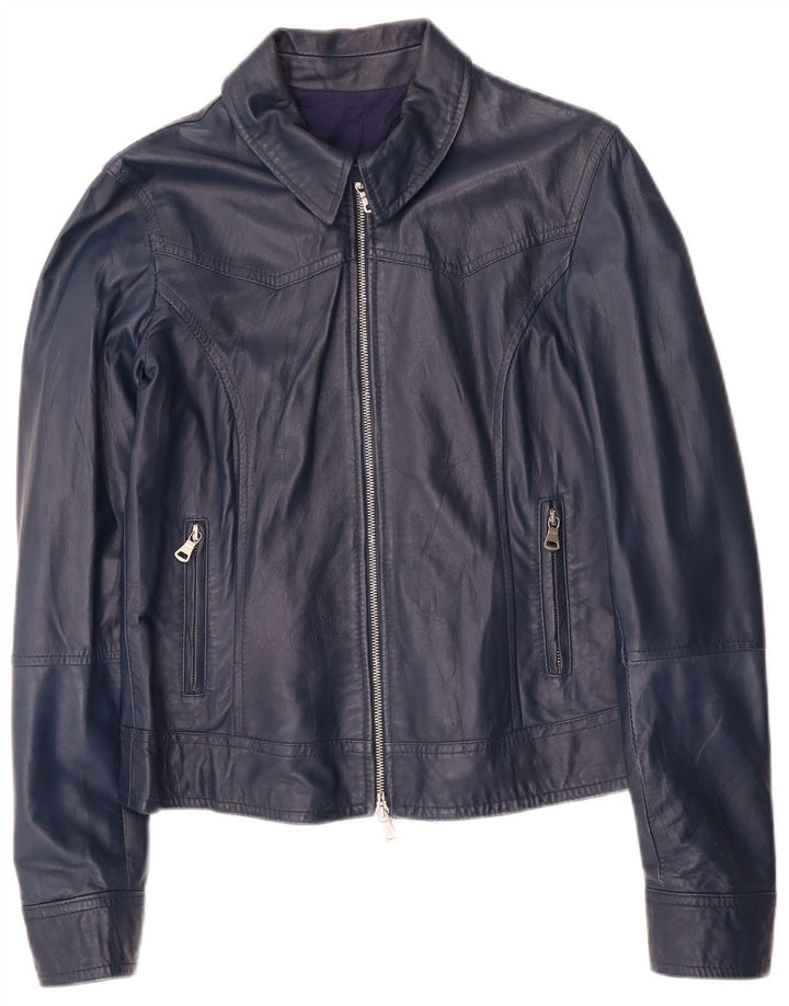 veste en cuir crop femme vintage UK 14 Grand cuir bleu marine