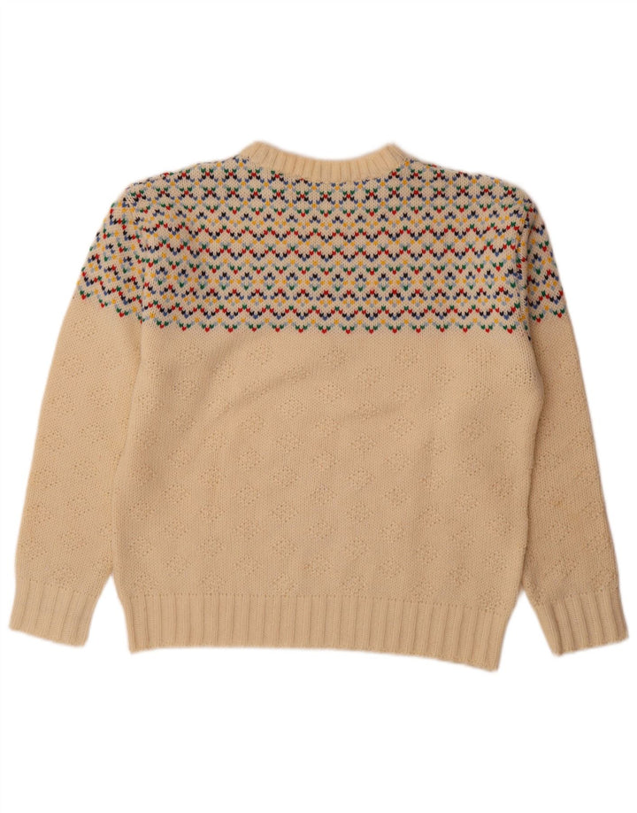 vintage Mens Crew Neck Jumper Pull Moyen Off White Fair Isle