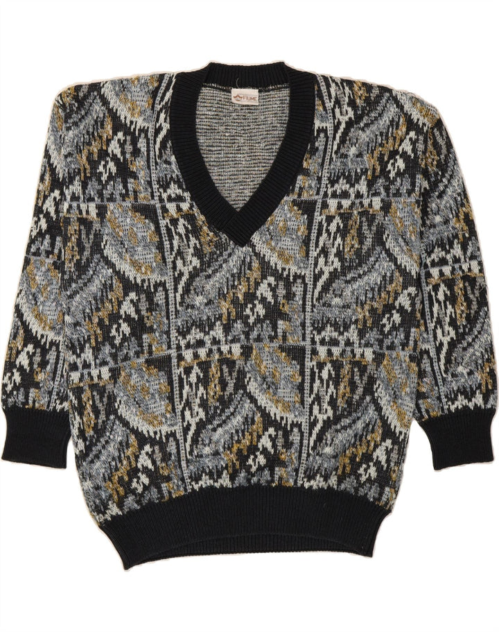 FIUME Mens Abstract Pattern V-Neck Jumper Sweater IT 52 Large Navy Blue Vintage Fiume and Second-Hand Fiume from Messina Hembry 