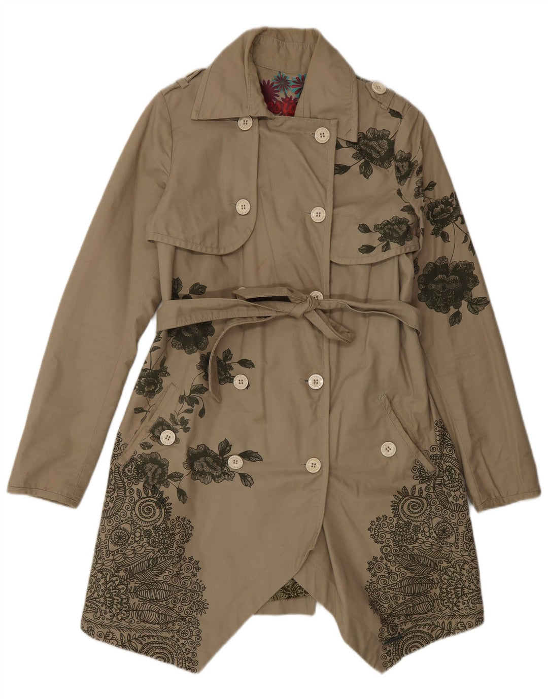 Desigual Trench-Coat Double Boutonnage Femme EU 38 Beige Moyen Floral