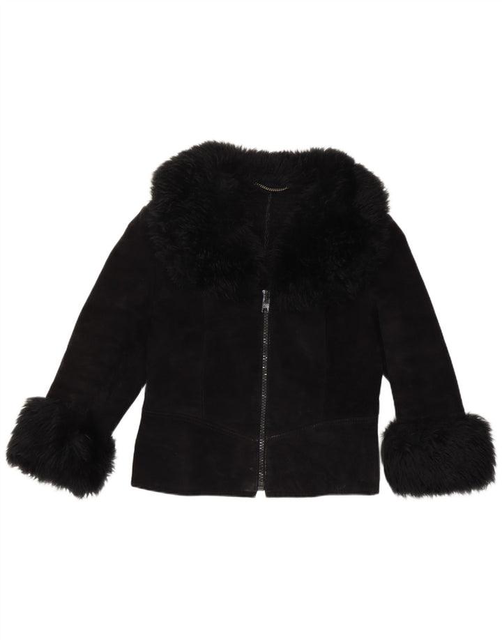 vintage Femme 3/4 Manches Veste En Daim UK 10 Petit Noir