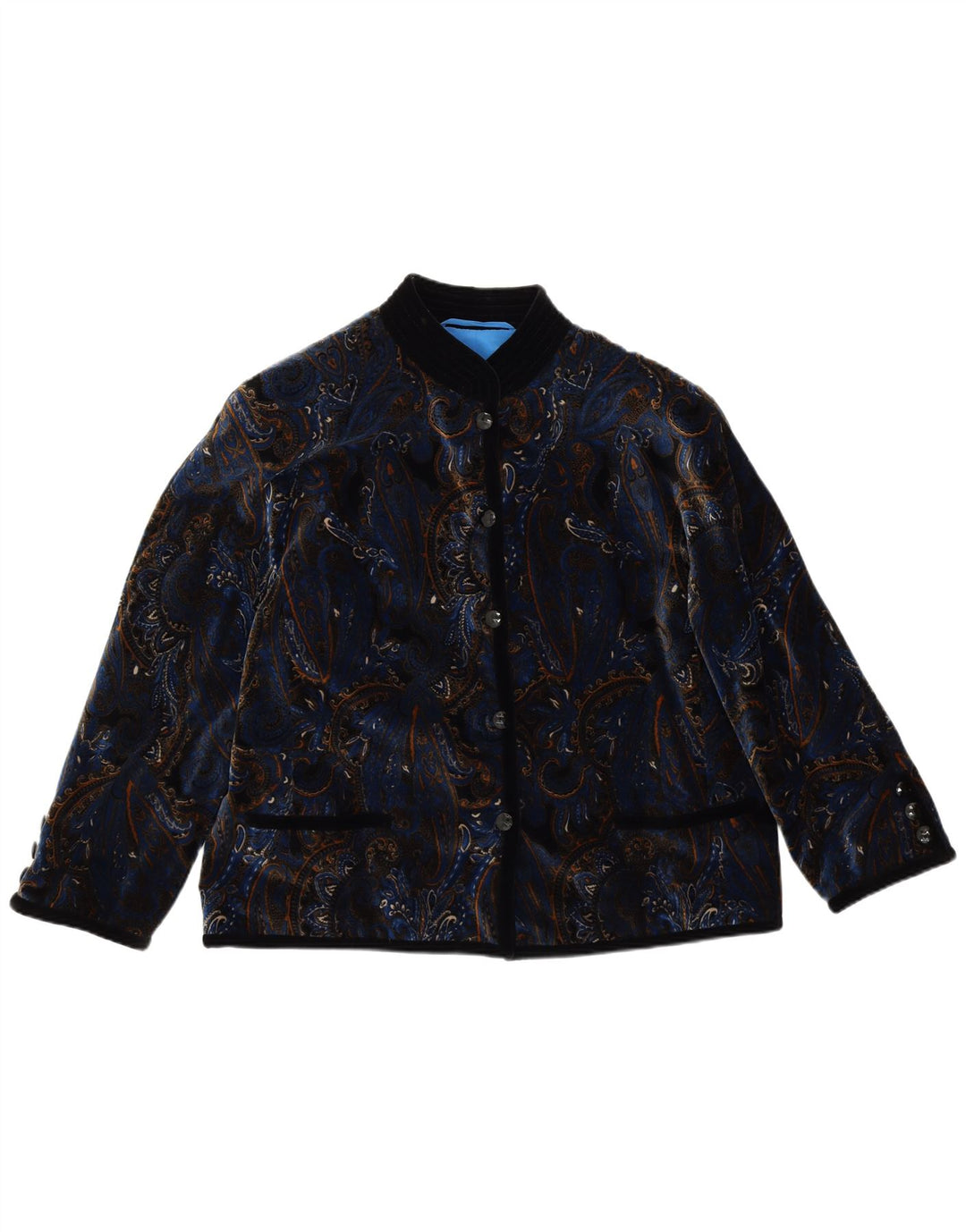 VINTAGE Femme Velours 5 Bouton Blazer Veste UK 14 Grand Bleu Paisley