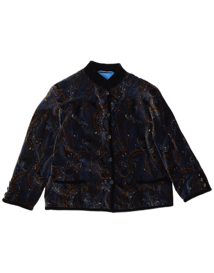 VINTAGE Femme Velours 5 Bouton Blazer Veste UK 14 Grand Bleu Paisley