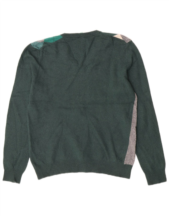 Benetton Pull col V pour femme UK 42 Vert moyen Argyle/Diamant