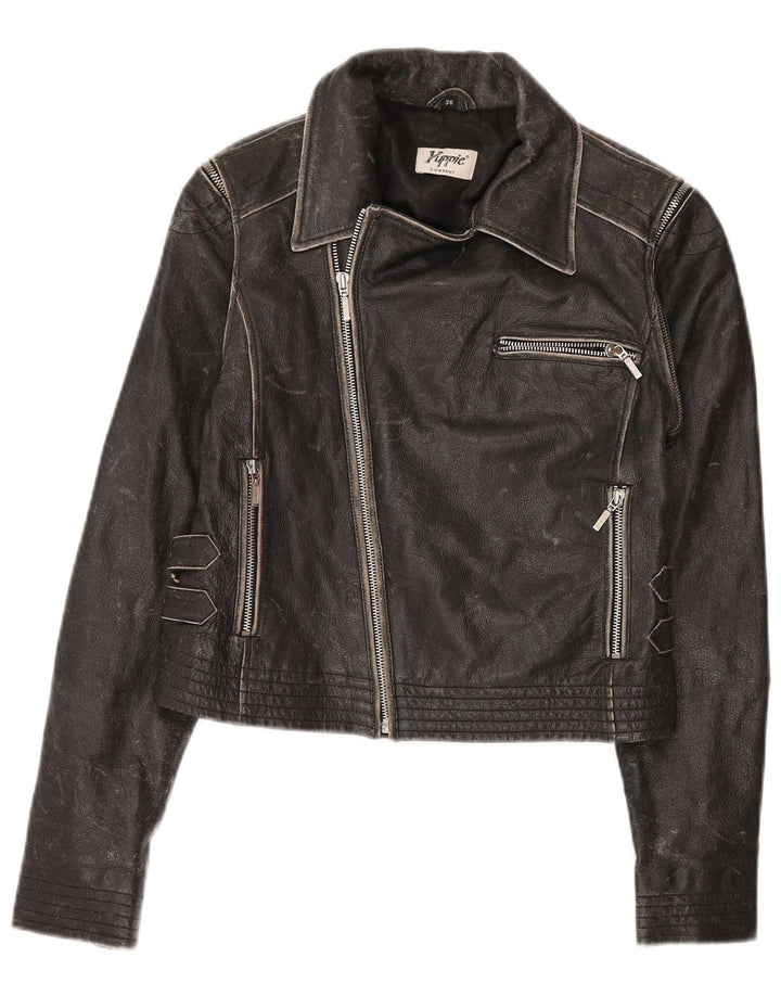 Yuppie Veste de motard en cuir court pour femme EU 38 Cuir noir moyen