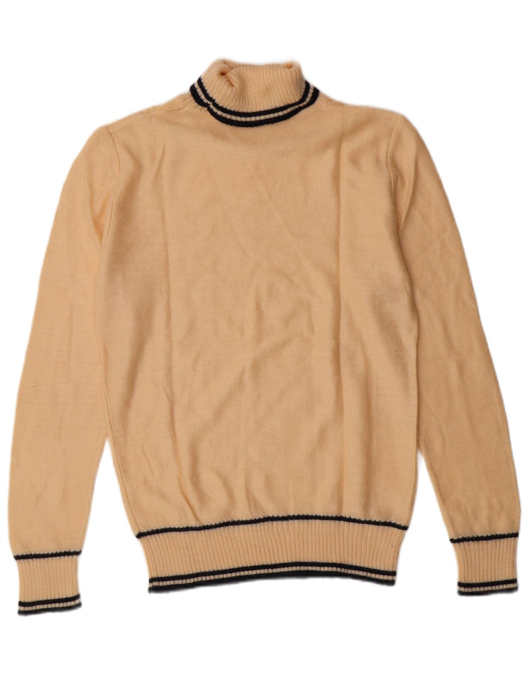 VINTAGE Homme Col Roulé Pull Pull Petit Beige Rayé Classique