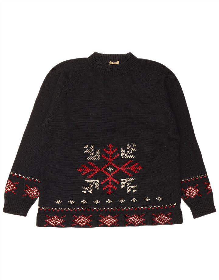 vintage Mens Turtle Neck Jumper Pull Moyen Noir Fair Isle Noël