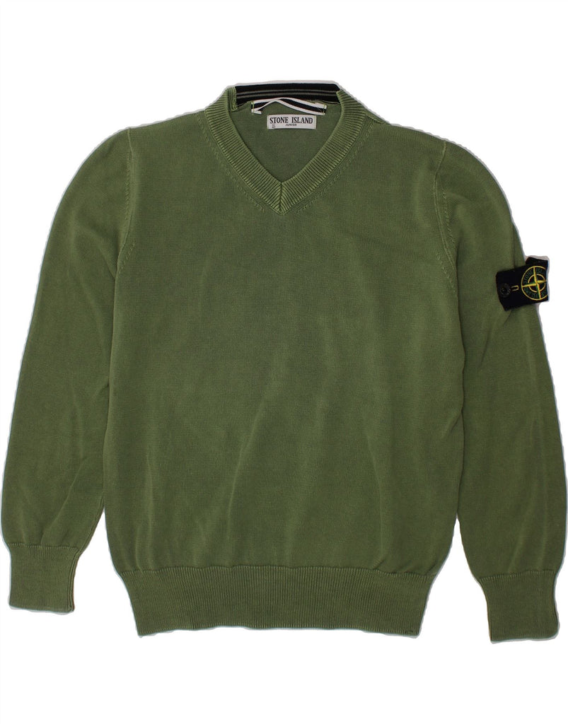 STONE ISLAND Boys V-Neck Jumper Sweater 7-8 Years Green Vintage Stone Island and Second-Hand Stone Island from Messina Hembry 