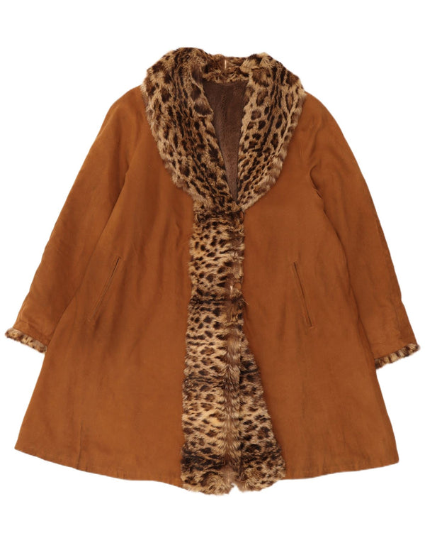 vintage Womens Oversize Shearling Coat UK 16 Grand imprimé animal brun