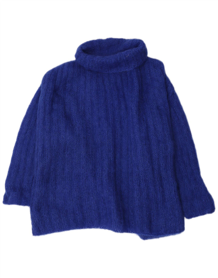 vintage Femmes Oversize Roll Neck Jumper Pull UK 12 Bleu Moyen