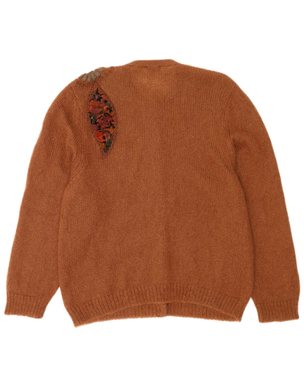 vintage Femmes Surdimensionné Cardigan Pull EU 42 Grand Brun Floral Mohair