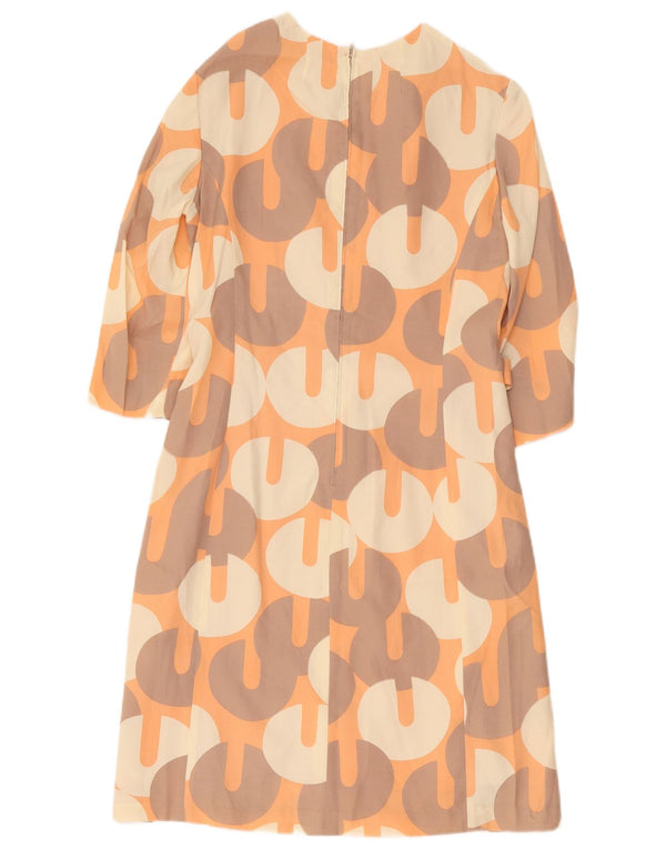 vintage Femmes 3/4 Manches Gaine Robe UK 12 Moyen Orange Géométrique