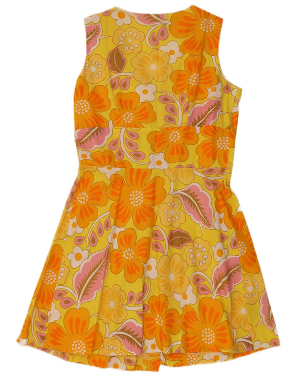 vintage Femme Robe A-Line sans manches UK 12 Moyen Jaune Floral