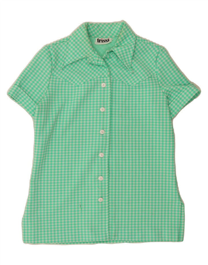 TRISSI Womens Short Sleeve Shirt Blouse UK 14 Medium Turquoise Houndstooth Vintage Trissi and Second-Hand Trissi from Messina Hembry 