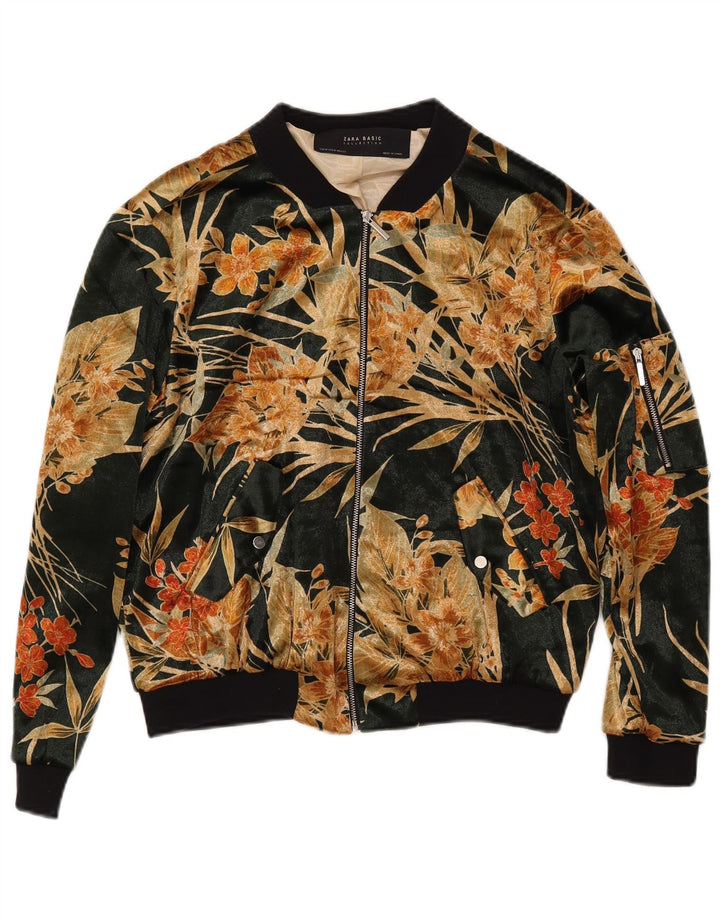 ZARA Veste Bomber Femme UK 14 Coton Floral Vert Moyen