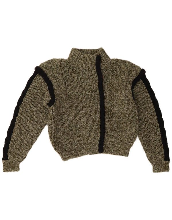 vintage Womens Crop Cardigan Sweater UK 12 Moyen Kaki Colourblock Coton