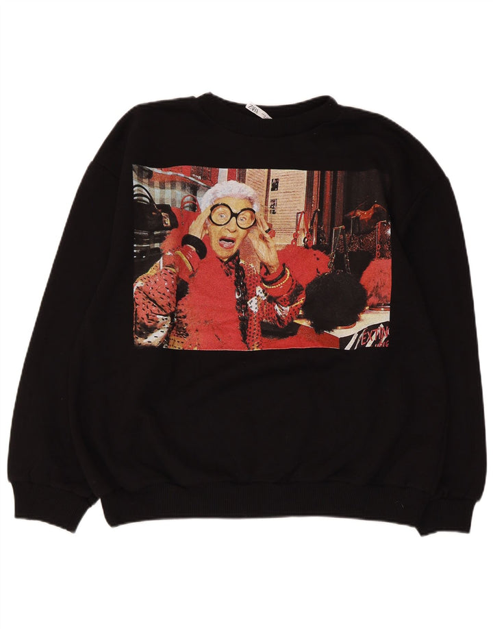 ZARA Womens Graphic Sweatshirt Jumper UK 14 Moyen Noir Coton