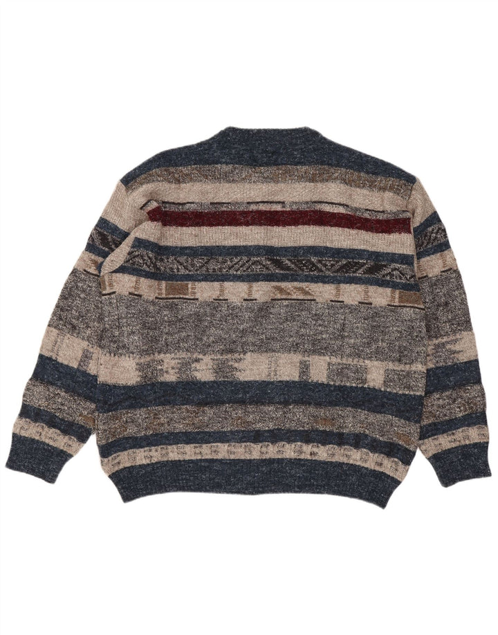 vintage Mens Crew Neck Jumper Pull Grand Multicolore Rayé