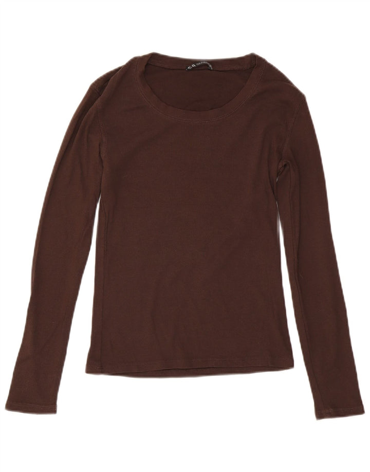 Zara Femme Top Manches Longues UK 12 Coton Marron Moyen