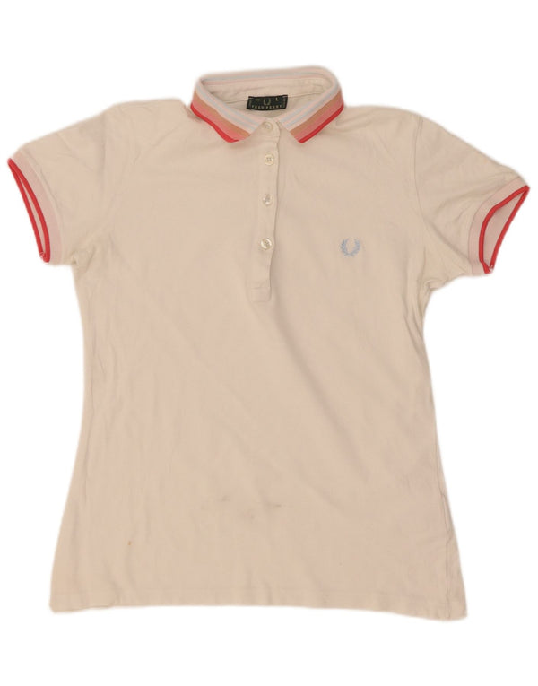 Fred Perry Polo Femme UK 14 Grand Coton Rayé Blanc