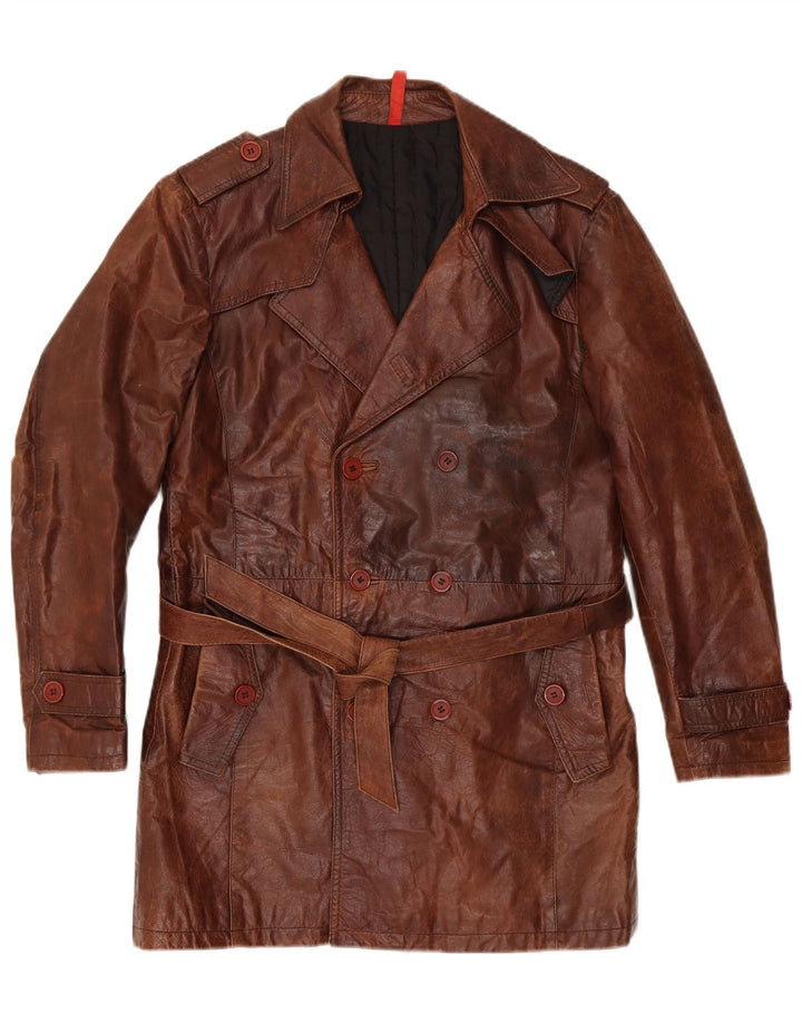 VINTAGE Manteau en cuir militaire à double boutonnage pour hommes IT 50 Large Marron