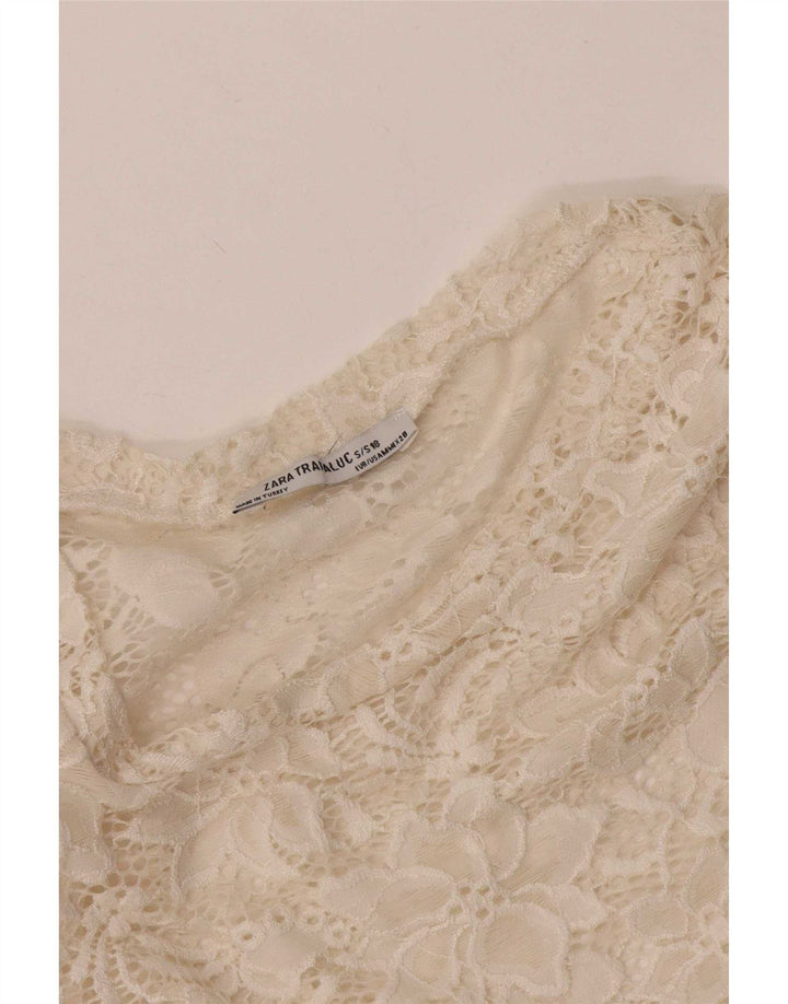 Zara Womens Crop See Through Blouse Top UK 12 Moyen Blanc Cassé Floral