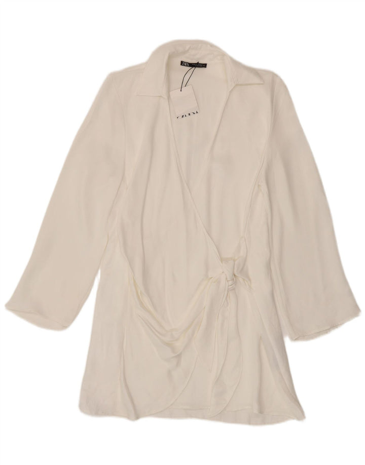 Zara Robe portefeuille à manches longues pour femme UK 12 Viscose blanc moyen