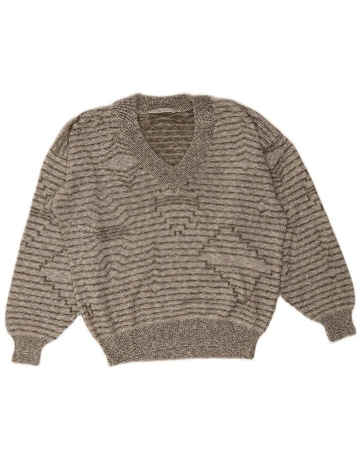 vintage Homme Col V Pull Pull Gris Moyen Rayé