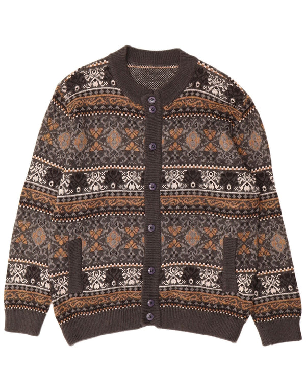 vintage Mens Cardigan Pull Grande Gris Fair Isle Laine