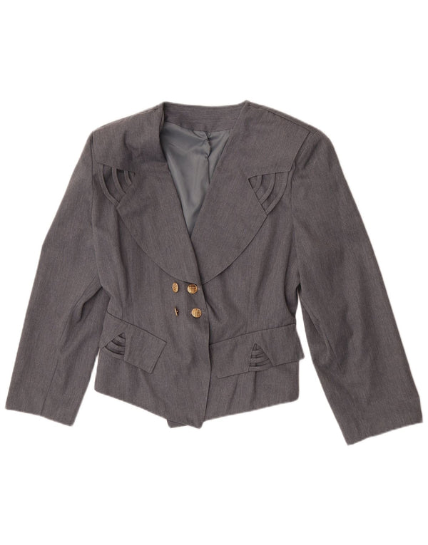vintage Femme Double Breasted Blazer Veste UK 12 Polyester Gris Moyen