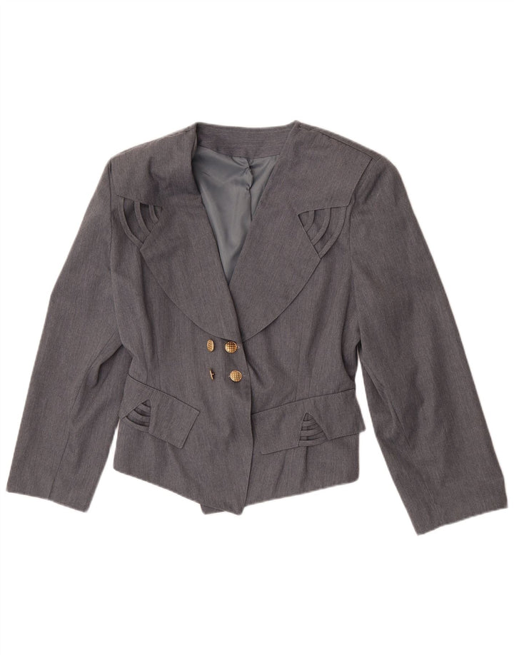 vintage Femme Double Breasted Blazer Veste UK 12 Polyester Gris Moyen