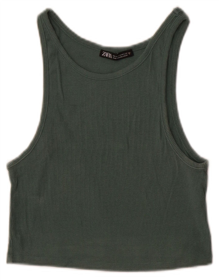 Zara Womens Crop Vest Top UK 12 Coton Vert Moyen