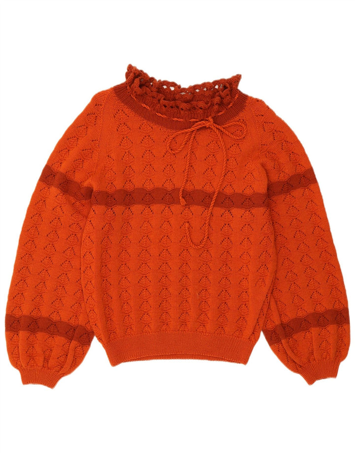 VINTAGE Femmes Crop Turtle Neck Jumper Pull UK 10 Petit Orange Rayé