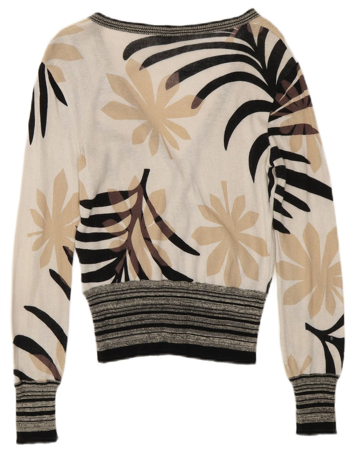 ICEBERG Cardigan Femme Pull UK 6 XS Blanc Cassé Floral Coton