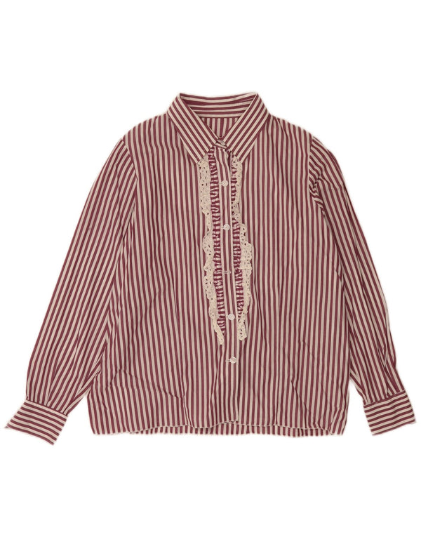 vintage Femme Ruffle Front Shirt UK 18 XL Bordeaux Rayé