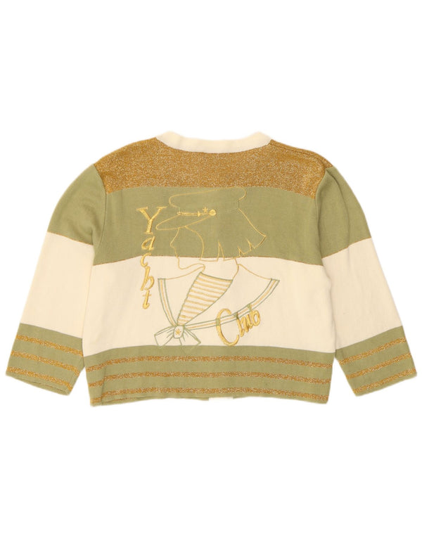 vintage Womens Crop Crop Cardigan Pull UK 12 Moyen Kaki Rayé Coton